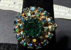 Vintage Emerald Aurora Borealis Rhinestone Adjustable Band Ring Costume Jewelry