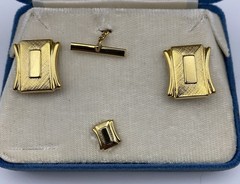 Vintage Hickok Cufflinks Tie Clip bar gold tone swirl black enamel background