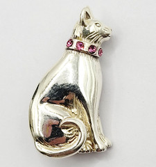 Cat Kitty Sit Pretty Pink Rhinestone Collar Jezlaine Sterling 925 Vtg Brooch Pin