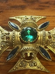 Florenza Signed Gold Tone Maltese Cross Brooch Green & Blue Rhinestones 2in