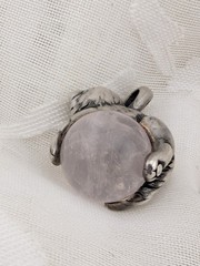 Vintage Sterling Silver Cat Rose Quartz Orb Ball Pendant 1″