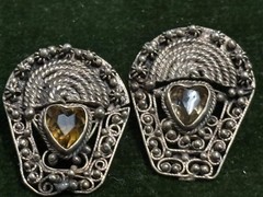 Antique 800 Silver EARRINGS Russian Hand Made Heart Shape Citrines 84P Rope/Bead