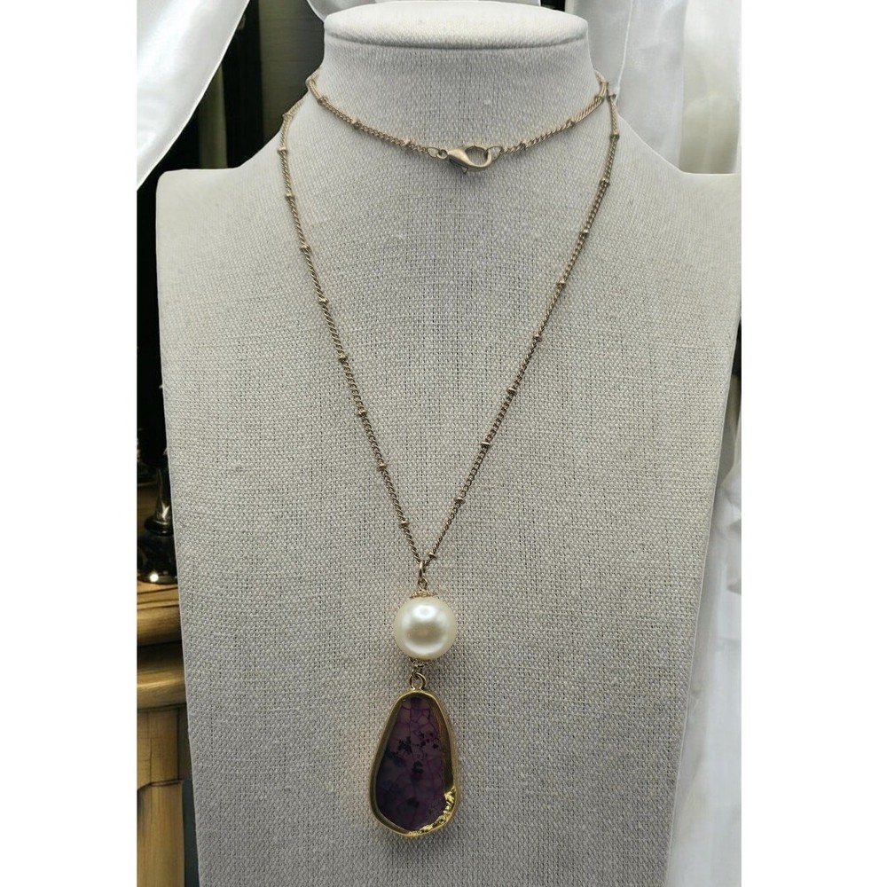 Pearl Burgundy Stone Drop Pendant Necklace Gold Tone Long Vintage Romantic