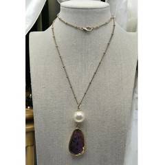Pearl Burgundy Stone Drop Pendant Necklace Gold Tone Long Vintage Romantic