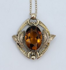 Vtg Gold Filled Art Nouveau Pendant Necklace Filigree Amber Citrine Glass Czech