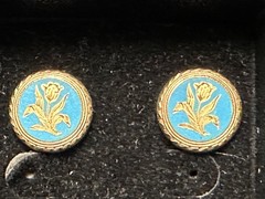 Pair of 10k Gold Engraved Flower in Blue Enamel Earrings 6 grams