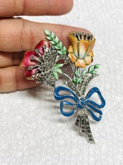 Vtg 925 Sterling Silver Marcasite Blue Red Green Enamel Flower Brooch Pin