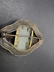 Antique Silver Cloisonne Carved Green Jade Pin/Brooch