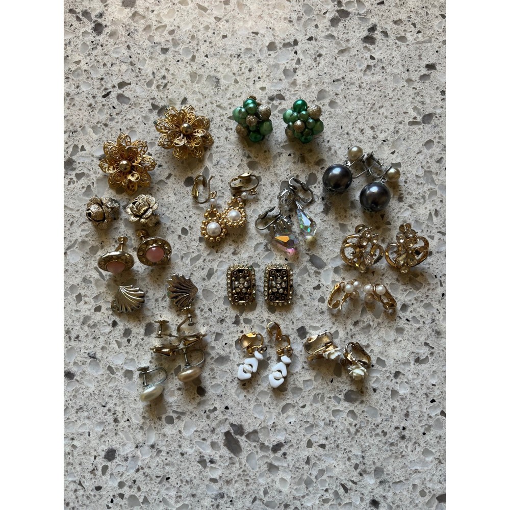 VTG Clip On Screw Back Earring Lot Gold Tone Faux Pearl Rhinestone Floral 15pr