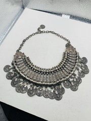 Vintage Silver Tone Boho Ethnic Tribal Coin Coachella Fringe Statement Necklace