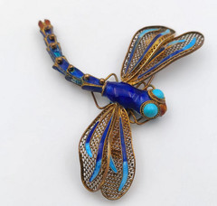 Vtg Chinese Export Silver Filigree Enamel Dragonfly Brooch Pin Turquoise Eyes