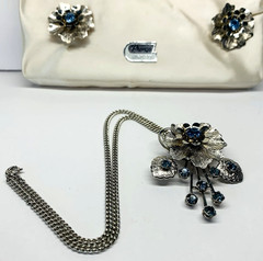 Vtg Pendant Brooch Pin & Earrings Blue Rhinestone Silver Tone Design by Anthony