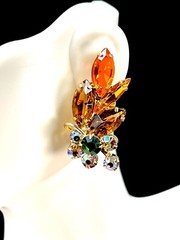 TARA BY JULIANA D&E ORANGE TOPAZ NAVETTE CRYSTAL AB RHINESTONE CLIP EARRINGS