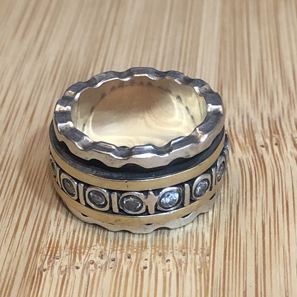 b49. Vintage Sterling Silver Brass CZ Crystal Spinner Band Ring Size 6.75. 15.5g