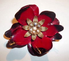 Striking Big Vintage Layered Enamel Flower Pin Aurora Borealis Rhinestone Stamen
