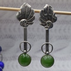 Soviet VTG old Ukraine earrings Sterling SILVER 925 stone green nephritis