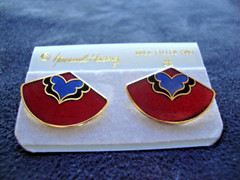 VINTAGE 1970 SAMUEL HUANG CLOISONNE RETRO ABSTRACT FAN RED BLUE & BLACK EARRINGS
