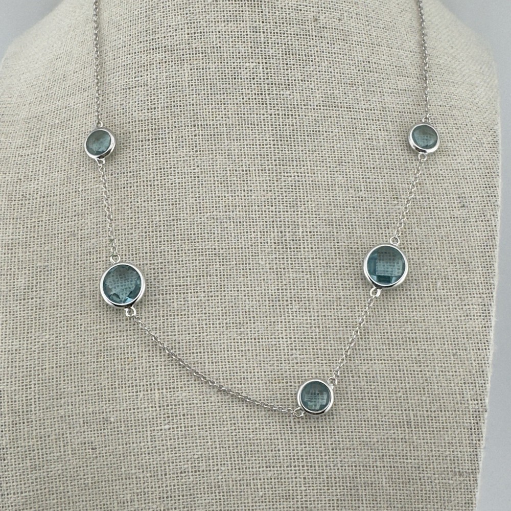 Sterling Sterling asymmetrical Open Back Blue Crystal Station Necklace Rhodium