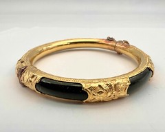 Antique Chinese 24K Yellow Gold Black Gem 8mm 6.5″ Hinged Bracelet Bangle 26.9g