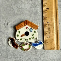 Vintage Costume Ceramic Bird House Dangling Pin Brooch Artsy Folk Whimsical Art