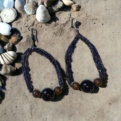 Beaded Hoop Earrings Black Dangle Large Metallic Bohemian Lightweight Vtg Witchy