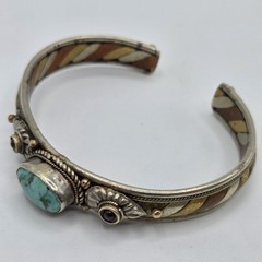 Vtg Tibetan Mixed Metal Cuff Bracelet Turquoise Garnet Tri Metal Nepal Bangle