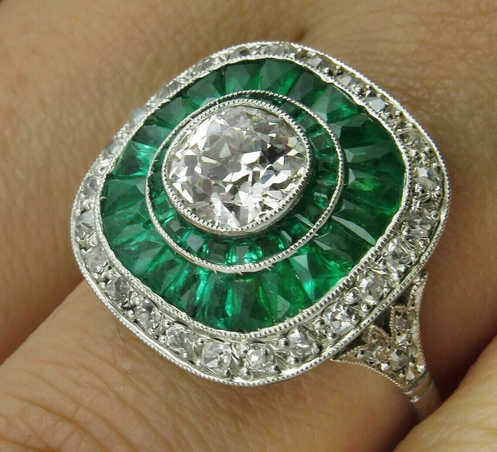 Art Deco Style Lab-Created Diamond Halo Emerald Wedding 14K White Gold FN Ring