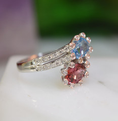 Estate 14K White Gold Toi et Moi Pink Tourmaline Blue Topaz Ladies Diamond Ring