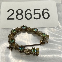 Vintage Rhinestone Horseshoe Brooch Gold Tone AB Green Sparkle