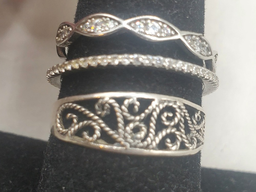 3 Sterling Silver Rings Sz 8: Filigree Lace + 2 Cz Bands – 1 Missing 3 Tiny Cz’s