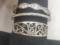 3 Sterling Silver Rings Sz 8: Filigree Lace + 2 Cz Bands – 1 Missing 3 Tiny Cz’s