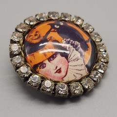 Vtg Witch Halloween Brooch Black Owl Kitschy Rhinestone Pin 20s Art Deco Look
