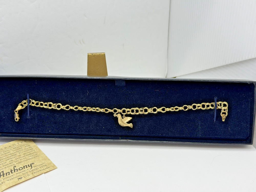 14k Yellow Gold Michael Anthony Charm Bracelet w/ Dove Charm & COA & Box