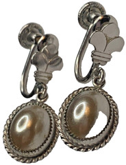 Vintage JMS 12K White Gold Filled GF Oval Cabochon Dangle Screwback Earrings 1”