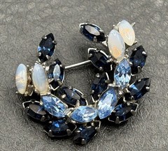 Vintage Two Tone Blue Crystal and Faux Opalite Rhinestone Wreath Brooch