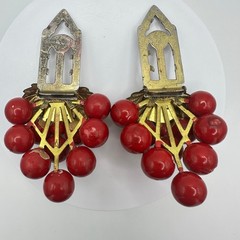 Vintage antique set 2 gold tone brass red plastic enameled grapes dress clips
