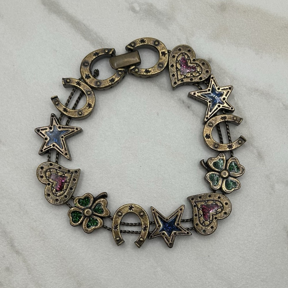 Vintage Avon Lucky Slider Charm Bracelet Hoseshoe Clover Heart Star Good Luck