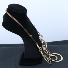 Long Gold Tone Circle Link Necklace Hammered Rings Brown Cord