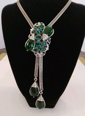 Selro Lariat Necklace Emerald Green Lucite Pendants Czech Glass Rhinestone 1960s