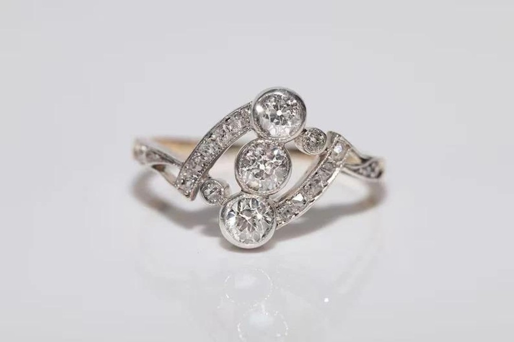 Art Nouveau Lab Created Diamond Navette Three Stone Engagement 925 Silver Ring