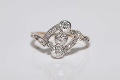 Art Nouveau Lab Created Diamond Navette Three Stone Engagement 925 Silver Ring