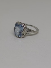 Edwardian 18k White Gold Synthetic Spinel Aquamarine Filigree Ring Size 4.75