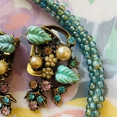 Vintage Beaded Lariat Necklace and Rhinestone Earrings Blue Green Turquoise