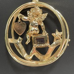 Vintage Coro February Pendant Necklace Gold Tone Cherub Glass Garnet Rhinestone