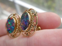Antique ARA Art Deco 9k Yellow Gold Opal Doublet Screwback Earrings 4.3g .75 In