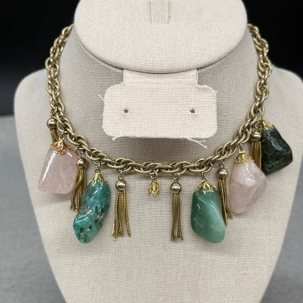 Vintage Necklace Dangle Gemstones Chain Tassels Gold Tone 17 Inches READ