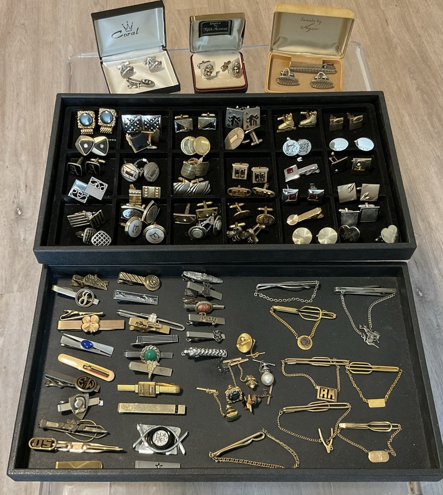 VINTAGE 87 PC MEN’S JEWELRY LOT CUFFLINKS TIE BARS CHAINS, TACS & SETS FREE SHIP