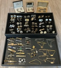 VINTAGE 87 PC MEN’S JEWELRY LOT CUFFLINKS TIE BARS CHAINS, TACS & SETS FREE SHIP