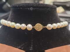 14K Gold Cultured Pearl Necklace 18″ 7–8mm White Akoya Style Knotted Strand
