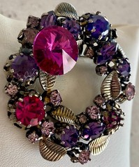 Vintage Austria Crystal Brooch Round Wreath Pink Purple Gold Tone Leaves